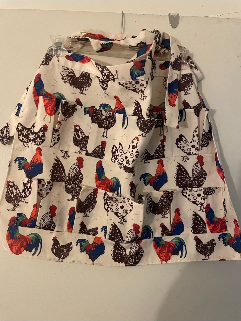 Cream Apron with Colorful Rooster Print with egg pockets
